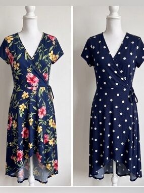 INC International Concepts Faux Wrap Dress Bundle Navy Floral Polka Dot Sz Large